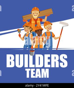 Baumeister-Team. Gruppe professioneller Baumeister in Uniform. Vorlage für Vektorplakate Stock Vektor