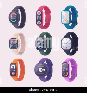 Digitaluhren. Fitness Armbänder und Smart Tracker zeigen Vorlage von digitalen Uhren exakten Vektorsatz Stock Vektor