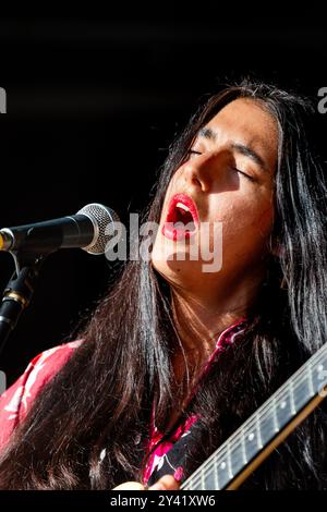 MARIAM WALLENTIN, KONZERT, GREEN MAN FESTIVAL 2014: Die schwedische Schauspielerin und Künstlerin Mariam Wallentin spielt live auf der Wall Garden Stage als MARIAM THE BELIEVER beim Green man Festival 2014 im Glanusk Park, Brecon, Wales, August 2014. Foto: Rob Watkins. INFO: Mariam Wallentin ist eine schwedische Sängerin, Komponistin und Musikerin, die für ihren experimentellen Umgang mit Musik bekannt ist. Als Teil des Duos Wildbirds & Peacedrums verschmilzt ihre kraftvolle, gefühlvolle Stimme mit avantgardistischen Elementen und setzt die Grenzen von Jazz, Pop und Indie fort. Stockfoto