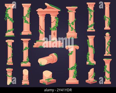 Säulen mit Efeu. Antike griechische römische Säulen mit dekorativen grünen Pflanzen. Tempel und alte Gebäude Architektur Elemente, heute Säulenvektor Set Stock Vektor