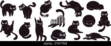 Lustige schwarze Katzen. Isolierte verrückte Katze in verschiedenen Posen. Süßes Kätzchen, wütend jagen, das Schlafen und Waschen versteckt. Kinder Aufkleber rassige Vektor Clipart Stock Vektor