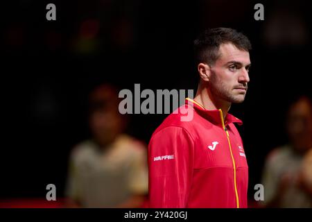 Valencia, Spanien. September 2024. Pedro Martinez vom spanischen Team im Davis Cup Finale in Gruppe B im Einzelspiel Pabellon Fuente de San Luis. Das spanische Team Pablo Carreno Busta gewann am 6. Und 2. Februar 7/6 (Foto: Vicente Vidal Fernandez/SOPA Images/SIPA USA) Credit: SIPA USA/Alamy Live News Stockfoto