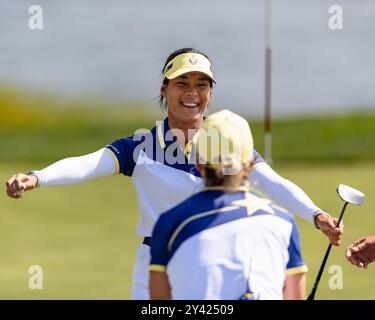 Gainesville, Va, USA. September 2024. CELINE BOUTIER von Team Europe feiert ihren Sieg während der Einzelspiele am dritten Tag des Solheim Cup 2024. (Kreditbild: © Robert Blakley/ZUMA Press Wire) NUR REDAKTIONELLE VERWENDUNG! Nicht für kommerzielle ZWECKE! Stockfoto