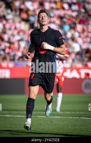 Robert Lewandowski (FC Barcelona) gibt Gesten während eines La Liga EA Sports Spiels zwischen Girona FC und FC Barcelona am 15. September 2024 im Estadi Municipal de Montilivi in Girona, Spanien. Foto von Felipe Mondino/SOPA Images. Girona FC 1 - FC Barcelona 4./SIPA USA Credit: SIPA USA/Alamy Live News Stockfoto