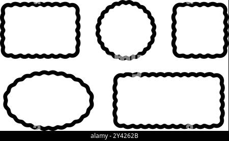 Set aus rechteckigen, ovalen, runden und quadratischen Rahmen mit kurvigen Rändern. Bild- oder Spiegelränder mit gewellten Kanten, die auf weißem Hintergrund isoliert sind. Leere Kartons, Etiketten oder Etiketten. Vektorabbildung. Stock Vektor