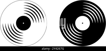 Symbole für Vinylscheiben. Schallplatten für Grammophon-Musik. Plattenspieler-LP oder Long-Play-Musik-Disks isoliert auf weißem Hintergrund. DJ-Ausrüstung. 70er Jahre 80er Jahre Diskotheken Nostalgiekonzept. Vektorgrafik. Stock Vektor