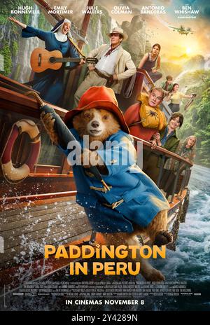 Paddington in Peru (2024) unter der Regie von Dougal Wilson mit Olivia Colman, Emily Mortimer und Antonio Banderas. Paddington kehrt nach Peru zurück, um seine geliebte Tante Lucy zu besuchen, aber ein Rätsel schickt sie in den Amazonas-Regenwald und die peruanischen Berge hinauf. US-Poster mit einem Blatt ***NUR FÜR REDAKTIONELLE ZWECKE***. Quelle: BFA / Sony Pictures veröffentlichen Stockfoto