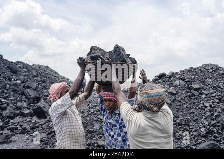 Dhanbad, Jharkhand, Indien. 31. August 2024. Arbeiter transportieren Kohle in der Nähe eines Tagebaues in Jharia am Stadtrand von Dhanbad. In Jharia im indischen Bundesstaat Jharkhand leben rund 600.000 Menschen. Es liegt im Herzen des größten Kohlefeldes der Nation. Jharia, das seinen Namen von der Stadt und Region mit dem gleichen Namen erhält, ist auch bekannt für eine schreckliche Rate von Kohleflözbränden, die eine der Hauptquellen der Umweltverschmutzung in der Region und weltweit sind. Kohlendioxid wird durch Kohlebrände in massiver Menge in die Atmosphäre abgegeben. (Kreditbild: © Amarje Stockfoto