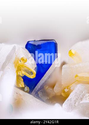 Beeindruckender blauer Azurit mit gelbem Mimetit und weißem Baryt. Exemplar aus Mas dieu, Laval-Pradel, Gard, Frankreich. Micro Extreme Nahaufnahme. Mikroskop Stockfoto