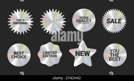 Holografische Aufkleber Logos Emblem Etiketten Farbset. Zur Verpackung von Werbematerial. Aufkleber für Kleidung oder Accessoires. Vektorabbildung. Stock Vektor