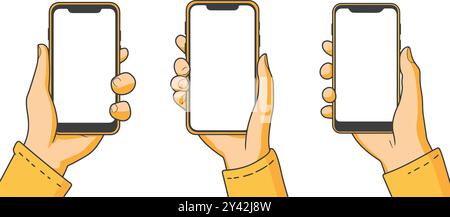 Eine Reihe von Symbolen, die die Hände zeigen, die Smartphones halten, mit gelbem Bildschirm. Stock Vektor