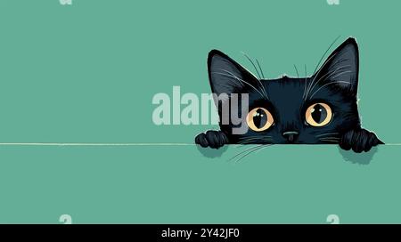 Eine süße schwarze Katze, die über den Rand einer grünen Oberfläche blickt, mit großen, neugierigen Augen. Stock Vektor
