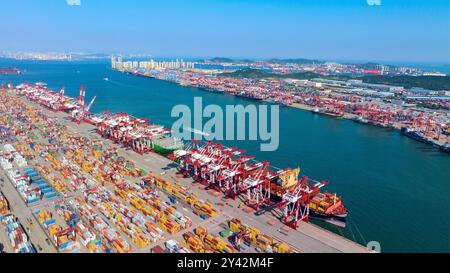 QINGDAO, CHINA - 15. SEPTEMBER 2024 - die Containerumschlagung erfolgt in geordneter Weise am Qianwan Containerterminal in Qingdao Stockfoto