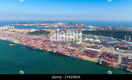 QINGDAO, CHINA - 15. SEPTEMBER 2024 - die Containerumschlagung erfolgt in geordneter Weise am Qianwan Containerterminal in Qingdao Stockfoto