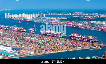 QINGDAO, CHINA - 15. SEPTEMBER 2024 - die Containerumschlagung erfolgt in geordneter Weise am Qianwan Containerterminal in Qingdao Stockfoto