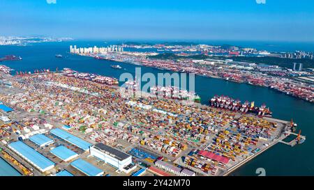 QINGDAO, CHINA - 15. SEPTEMBER 2024 - die Containerumschlagung erfolgt in geordneter Weise am Qianwan Containerterminal in Qingdao Stockfoto