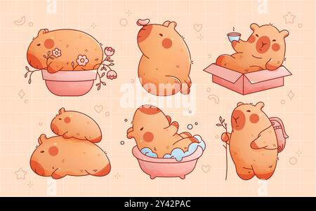 Kawaii süßes Capybaras Set. Lustige Tiere mit Bad, Tee, Blumen, Schmetterling. Stock Vektor