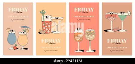 Posterset mit Einladung für Retro-Party. Funkige Cocktailfiguren im groovigen Stil. Vintage Friday Vibes. Vertikale Vektor-Banner für den Sommer Stock Vektor