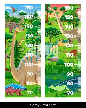 Kinderhöhenrecherchen mit Dinosauriern in einer verspielten prähistorischen Landschaft. Vektorwachstumsmesser, Wandaufkleber für Kinder Höhenmessung mit lustigen Dino-Zeichen und Stadiometerskala Stock Vektor