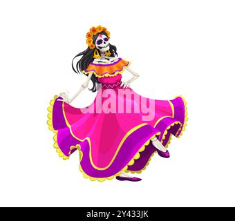 Cartoon mexikanischer Tag der toten Dia de los muertos Catrin Charakter. Weihnachtsskelett weibliche Persönlichkeit in einem farbenfrohen Kleid, tanzt traditionellen Flamenco und feiert festliche Veranstaltung mit Freude Stock Vektor