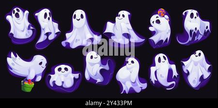 Cartoon Halloween-Geisterfiguren, gruselige Vektorfiguren. Schrecken Sie böse Monster mit Helloween Trick or Treat Bonbon Eimer. Niedliche Halloween-Nacht-Geister, Phantome und Geister mit Lutscher Stock Vektor