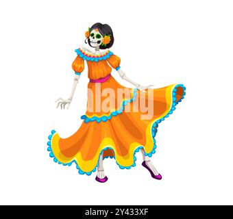 Zeichentrickfilm mexikanischer Tag der Toten DIA de los muertos Catrin Figur in leuchtend orange gekleidet, um traditionelle Veranstaltung zu feiern. Die Skelett-Tänzerin verströmt festlichen Geist mit einer künstlerischen Atmosphäre Stock Vektor