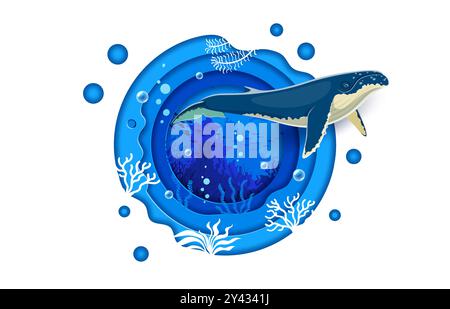 Pottwal-Charakter in einer Unterwasserlandschaft mit Papier. 3D-Vektor-runder mehrschichtiger Papercut-Rahmen mit riesigen Zeichentrickwalen im Meer mit Algenvegetation, Fischschwärme und Blase im Ozean Stock Vektor