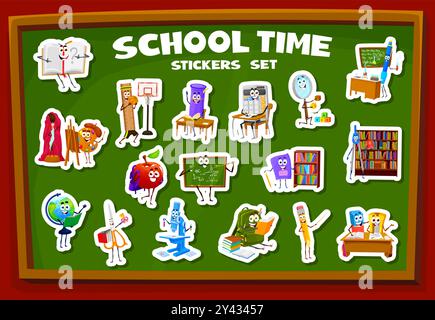 Schulbildung und Schreibwaren Cartoon Aufkleber Packung mit Schüler Zubehör Charaktere, Vektor-Symbole. Schulaufkleber mit lustigem Lineal und Stift, Buch und Lehrbuch, Taschenrechner und Tafel mit glücklichem Gesicht Stock Vektor