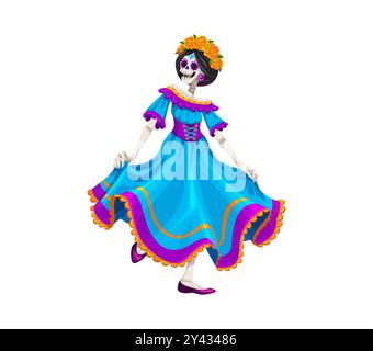 Cartoon mexikanischer Tag der toten Dia de los muertos Catrin Charakter. Die Figur der Skelett-Tänzerin trägt ein hellblaues Kleid mit Blumenkranz und symbolisiert das kulturelle Erbe und den festlichen Geist Stock Vektor