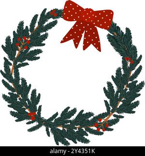 Ein gefertigter Weihnachtskranz mit einer fröhlichen roten Punktschleife und leuchtenden Beeren, perfekt für den Urlaub. Handgezeichnete Vektorgrafiken für die Gestaltung von Websites, Artikeln, Broschüren, Flyern, E-Packs, Etikett oder Werbung. Stock Vektor