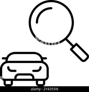 Auto und Lupe. Fahrzeugsuche und -Analyse. Pixelperfektes, bearbeitbares Konturvektorsymbol Stock Vektor