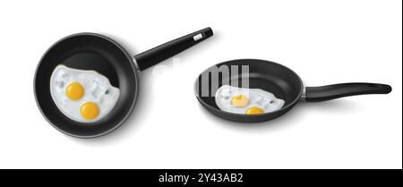 3D-Pfanne mit Bratei. Kochfrühstück Vektor. Realistische Skillet mit heißem Omelette-Design von oben. Köstliches hausgemachtes Omelett mit detaillierter Textur für die Illustration des Cafémenüs Stock Vektor