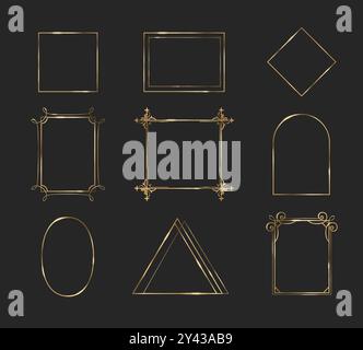 Goldene dünne Rahmen einfach und mit Ornament. Realistische Vektor-Illustration des luxuriösen goldenen Quadrats und Rechtecks, Bogen und Oval, Rauten und Dreiecksrand. Elegantes geometrisches Dekorationselement. Stock Vektor