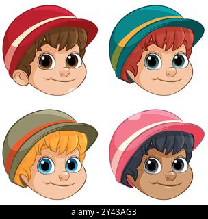 Vier Jungen mit verschiedenen Hüten und Frisuren Stock Vektor