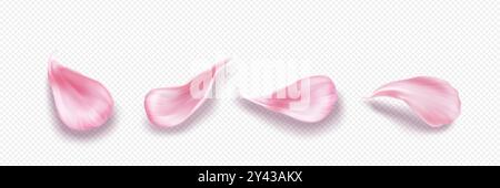 Rosafarbenes Blütenblatt für den Frühling und Spa-Service. Realistische 3D-Vektor-Illustration Set von pastellfarbenen Rose- oder Sakura-Blütenblättern auf transparentem Hintergrund. Kirsch- oder Pfirsichblütenelemente. Stock Vektor
