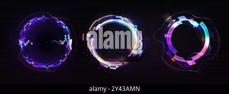 Glitcheffekt-Kreis in Neon. Digitaler Ringrahmen mit Cyber-Licht. Futuristisch gebrochene Pixel und Rauschgrafkante. Minimale dynamische holographische Verzerrung Avatar-Illustration. Farbfehler-Illusion Stock Vektor