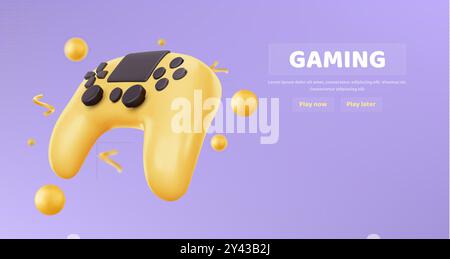 Violettes Webbanner mit fliegendem gelbem Joystick, Text und Taste für die Videospielkonsole. Realistischer 3D-Vektor-Hintergrund mit Computer-Spiel-Hand-elektronischem Joypad und Player-Fernbedienung. Stock Vektor