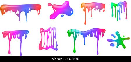 Regenbogenfarbene Schleimtropfen. Realistische 3D-Vektor-Illustration Set von klebrigen flüssigen giftigen gruseligen Tropfen und Spritzen für Halloween-Design. Tropfendes, mehrfarbiges flüssiges Gift mit Spritzern. Stock Vektor