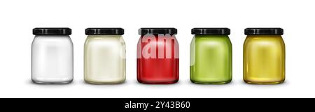 Set aus Glasgläsern mit Schraubdeckeln isoliert auf weißem Hintergrund. Vektor-realistische Illustration von Farbbehältern für Marmelade, Mayonnaise, Pesto-Sauce, Honig oder Farbe, Dosenlebensmittelbehälter Topf Mockup Stock Vektor