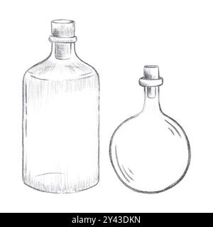 Handgezeichneter schwarzer Bleistiftsatz von Flaschen isoliert auf weißem Hintergrund. Marine Illustrationen können für Karten, Etiketten, Einladungen und andere gedruckte Profis verwendet werden Stockfoto