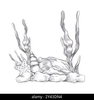 Hand gezeichneter schwarzer Bleistift Set von Muscheln und Algen Komposition isoliert auf weißem Hintergrund. Marine Illustration kann für Karte, Etikett, Invita verwendet werden Stockfoto