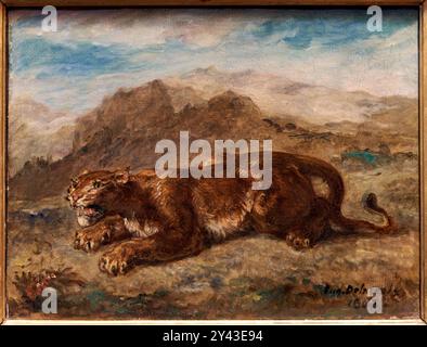 Crouching Lioness, 1863, Öl auf Leinwand, Eugène DELACROIX, Saint-Maurice (près de Paris), 1798 - Paris, 1863, Eugène Delacroix Museum, Paris, Frankreich Stockfoto