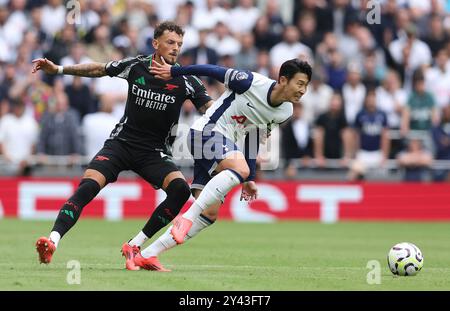 London, Großbritannien. September 2024. Arsenals Ben White und Tottenhams Sohn Heung-min fordern den Ball während des Premier League-Spiels im Tottenham Hotspur Stadium in London an. Der Bildnachweis sollte lauten: Paul Terry/Sportimage Credit: Sportimage Ltd/Alamy Live News Stockfoto