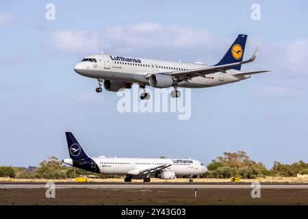 Lufthansa Airbus A320-214 (REG: D-AIUK) landet im alten Farbschema, während Lufthansa Airbus A321-231 (REG: D-AISO) in neuem c.s. auf der Schleife wartet. Stockfoto