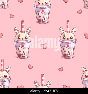 Nahtloses Muster mit niedlichem Bubble Tea Kaninchen aus Glas. Lustiger Cartoon Kawaii Charakter Drink und Herz auf rosa Hintergrund. Vektorabbildung Stock Vektor