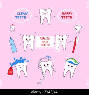 Dentalhygieneset mit niedlichen Zeichentrickzähnen. Kinderzahnheilkunde, Mundhygiene-Charaktere. Vektorabbildung Stock Vektor