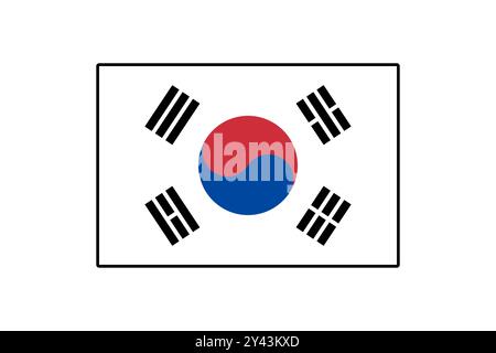 Dieses Vektordesign zeigt die Nationalflagge Südkoreas und symbolisiert die Einheit mit ihrem markanten roten und blauen Yin-Yang-Symbol und schwarzen Trigrammen auf weißem Hintergrund. Stock Vektor