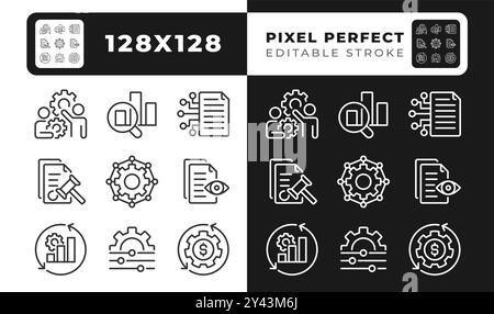 Workflow Management Pixel Perfect lineare Symbole für dunkle, helle Modus Stock Vektor