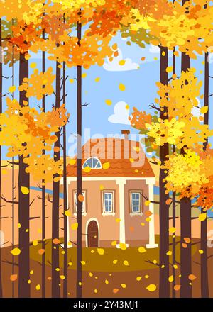 Herbstlandschaft, Frau im Herbstmantel, die mit dem Hund geht, Haus Stock Vektor