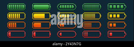Symbole zum Aufladen der Pixelbatterie. Energiestufe mit vollem und niedrigem Energieverbrauch, Ladelast, Anzeige für Mobiltelefon oder Akkumulator im 8-Bit-Retro-Stil. Set mit pixeliger Smartphone-Fortschrittsanzeige auf dunklem Hintergrund Stock Vektor